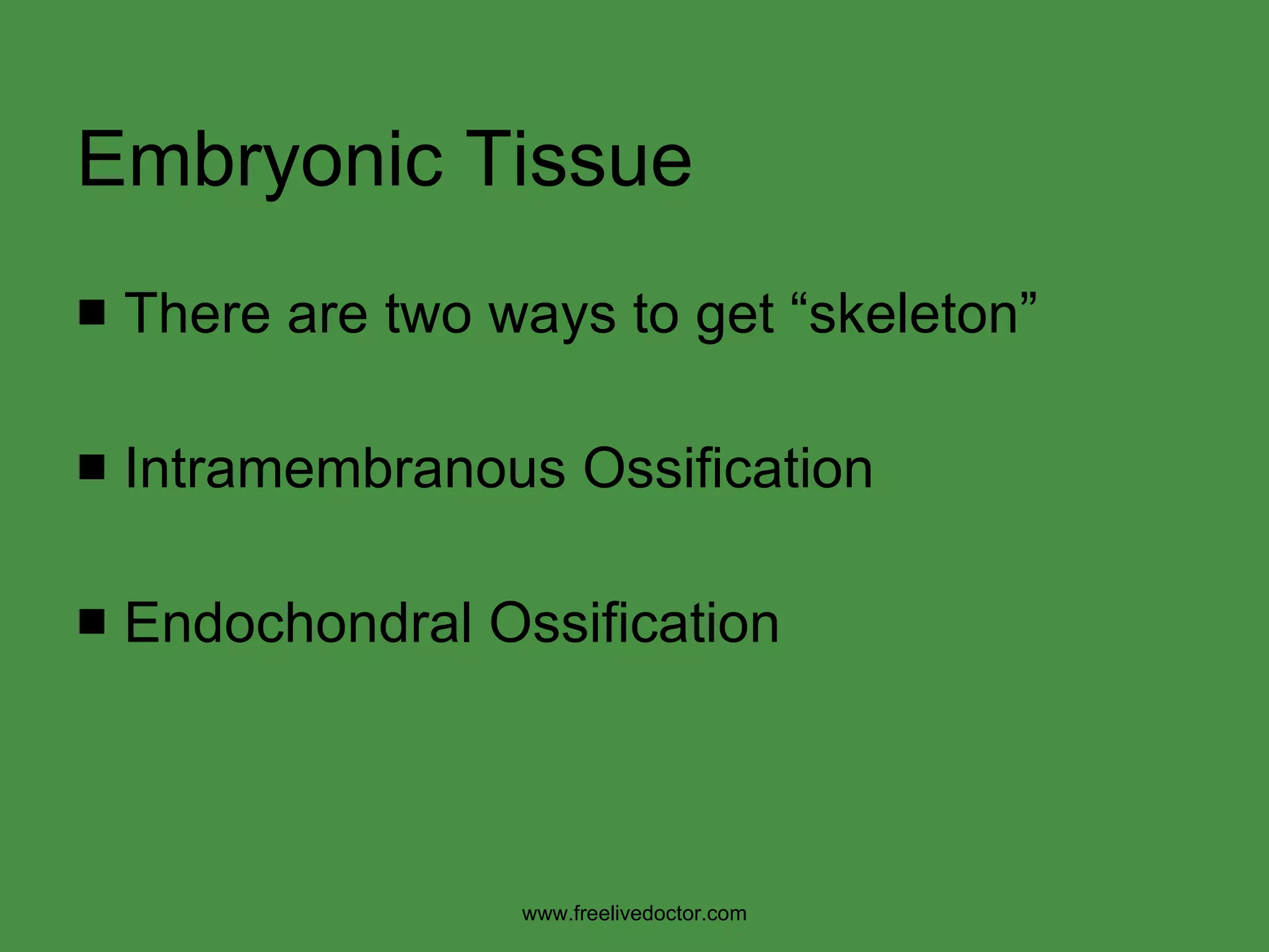 Embryonic Tissue There are two ways to get “skeleton” Intramembranous Ossification Endochondral Ossification www.freelivedoctor.com 