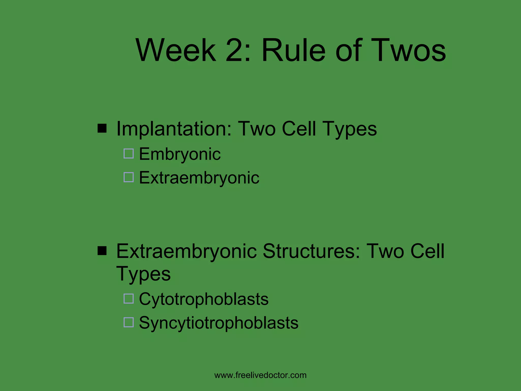 Week 2: Rule of Twos Implantation: Two Cell Types Embryonic Extraembryonic Extraembryonic Structures: Two Cell Types Cytotrophoblasts Syncytiotrophoblasts www.freelivedoctor.com 
