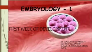 EMBRYOLOGY -- 1
EMBRYOLOGY - 1
FIRST WEEK OF DEVELOPMENT
DR. VIJAYALAXMI PATTANSHETTI
ASST. PROF IN ANATOMY
SIMS&RH, TUMKURU(KARNATAKA)
17/2/18
 