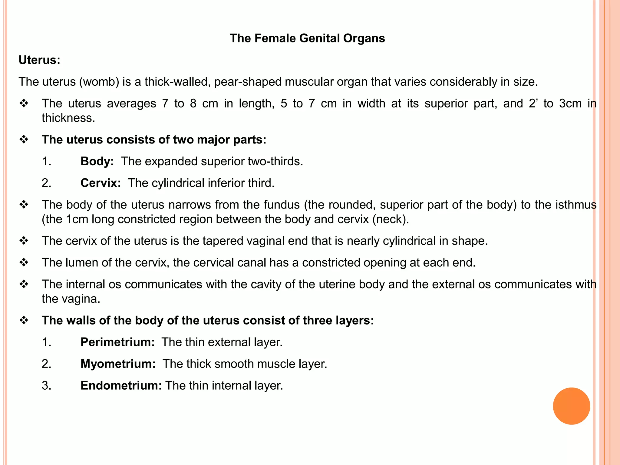 The Female Genital Organs
Uterus:
The uterus (womb) is a thick-walled, pear-shaped muscular organ that varies considerably in size.
 The uterus averages 7 to 8 cm in length, 5 to 7 cm in width at its superior part, and 2’ to 3cm in
thickness.
 The uterus consists of two major parts:
1. Body: The expanded superior two-thirds.
2. Cervix: The cylindrical inferior third.
 The body of the uterus narrows from the fundus (the rounded, superior part of the body) to the isthmus
(the 1cm long constricted region between the body and cervix (neck).
 The cervix of the uterus is the tapered vaginal end that is nearly cylindrical in shape.
 The lumen of the cervix, the cervical canal has a constricted opening at each end.
 The internal os communicates with the cavity of the uterine body and the external os communicates with
the vagina.
 The walls of the body of the uterus consist of three layers:
1. Perimetrium: The thin external layer.
2. Myometrium: The thick smooth muscle layer.
3. Endometrium: The thin internal layer.
 