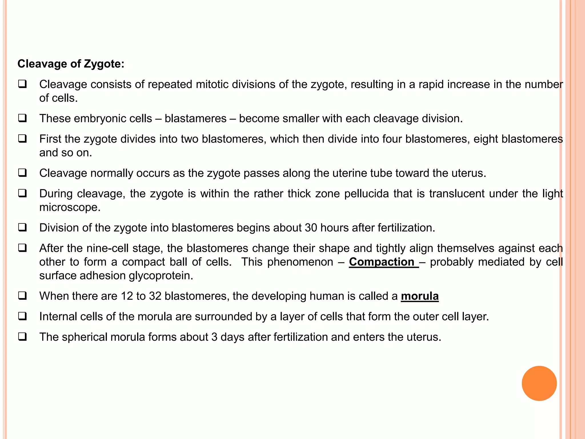 Cleavage of Zygote:
 Cleavage consists of repeated mitotic divisions of the zygote, resulting in a rapid increase in the number
of cells.
 These embryonic cells – blastameres – become smaller with each cleavage division.
 First the zygote divides into two blastomeres, which then divide into four blastomeres, eight blastomeres
and so on.
 Cleavage normally occurs as the zygote passes along the uterine tube toward the uterus.
 During cleavage, the zygote is within the rather thick zone pellucida that is translucent under the light
microscope.
 Division of the zygote into blastomeres begins about 30 hours after fertilization.
 After the nine-cell stage, the blastomeres change their shape and tightly align themselves against each
other to form a compact ball of cells. This phenomenon – Compaction – probably mediated by cell
surface adhesion glycoprotein.
 When there are 12 to 32 blastomeres, the developing human is called a morula
 Internal cells of the morula are surrounded by a layer of cells that form the outer cell layer.
 The spherical morula forms about 3 days after fertilization and enters the uterus.
 