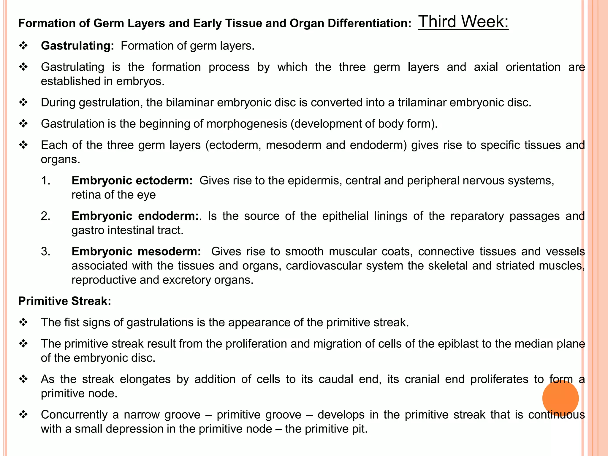 Formation of Germ Layers and Early Tissue and Organ Differentiation: Third Week:
 Gastrulating: Formation of germ layers.
 Gastrulating is the formation process by which the three germ layers and axial orientation are
established in embryos.
 During gestrulation, the bilaminar embryonic disc is converted into a trilaminar embryonic disc.
 Gastrulation is the beginning of morphogenesis (development of body form).
 Each of the three germ layers (ectoderm, mesoderm and endoderm) gives rise to specific tissues and
organs.
1. Embryonic ectoderm: Gives rise to the epidermis, central and peripheral nervous systems,
retina of the eye
2. Embryonic endoderm:. Is the source of the epithelial linings of the reparatory passages and
gastro intestinal tract.
3. Embryonic mesoderm: Gives rise to smooth muscular coats, connective tissues and vessels
associated with the tissues and organs, cardiovascular system the skeletal and striated muscles,
reproductive and excretory organs.
Primitive Streak:
 The fist signs of gastrulations is the appearance of the primitive streak.
 The primitive streak result from the proliferation and migration of cells of the epiblast to the median plane
of the embryonic disc.
 As the streak elongates by addition of cells to its caudal end, its cranial end proliferates to form a
primitive node.
 Concurrently a narrow groove – primitive groove – develops in the primitive streak that is continuous
with a small depression in the primitive node – the primitive pit.
 