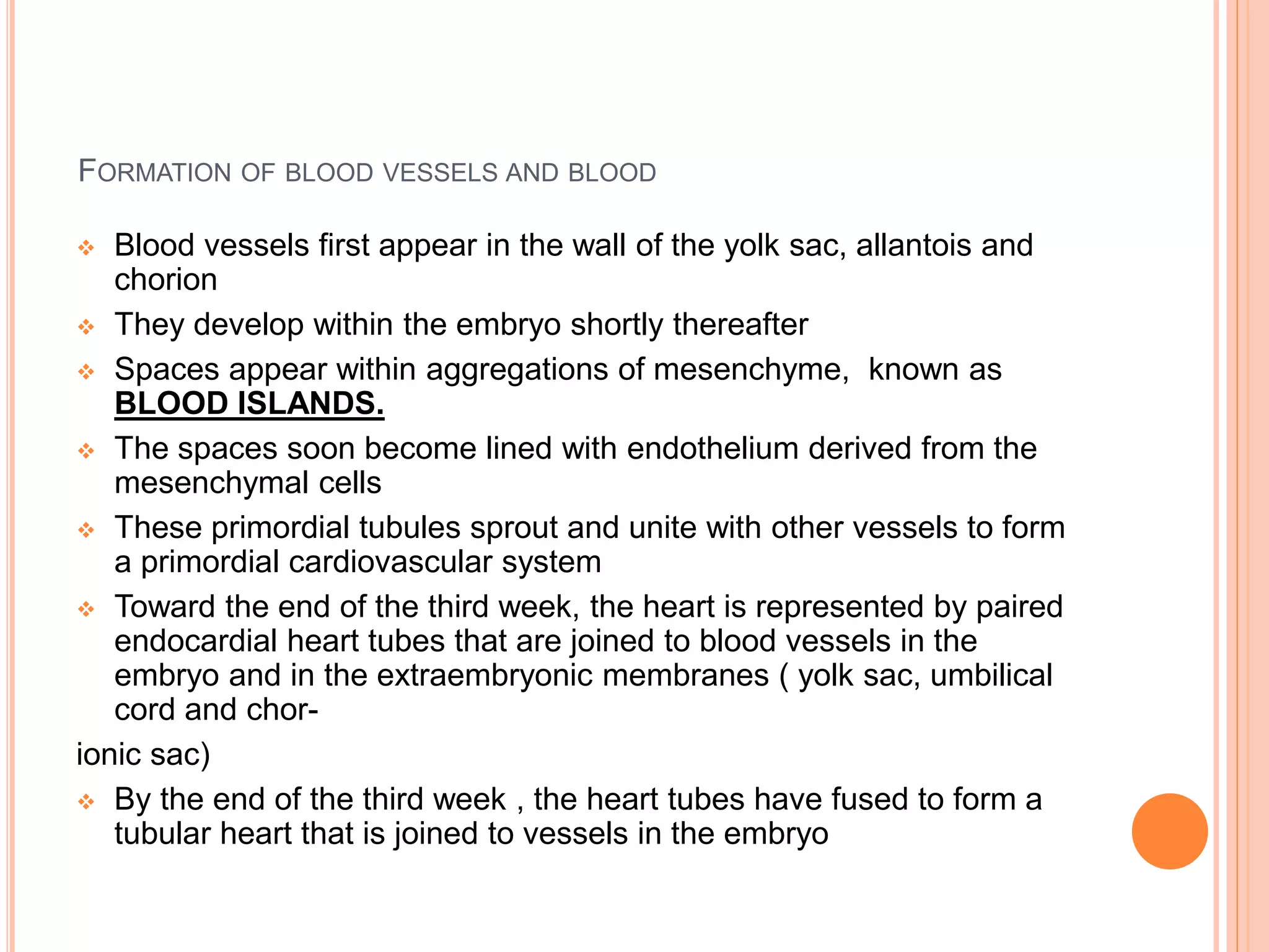 FORMATION OF BLOOD VESSELS AND BLOOD
 Blood vessels first appear in the wall of the yolk sac, allantois and
chorion
 They develop within the embryo shortly thereafter
 Spaces appear within aggregations of mesenchyme, known as
BLOOD ISLANDS.
 The spaces soon become lined with endothelium derived from the
mesenchymal cells
 These primordial tubules sprout and unite with other vessels to form
a primordial cardiovascular system
 Toward the end of the third week, the heart is represented by paired
endocardial heart tubes that are joined to blood vessels in the
embryo and in the extraembryonic membranes ( yolk sac, umbilical
cord and chor-
ionic sac)
 By the end of the third week , the heart tubes have fused to form a
tubular heart that is joined to vessels in the embryo
 