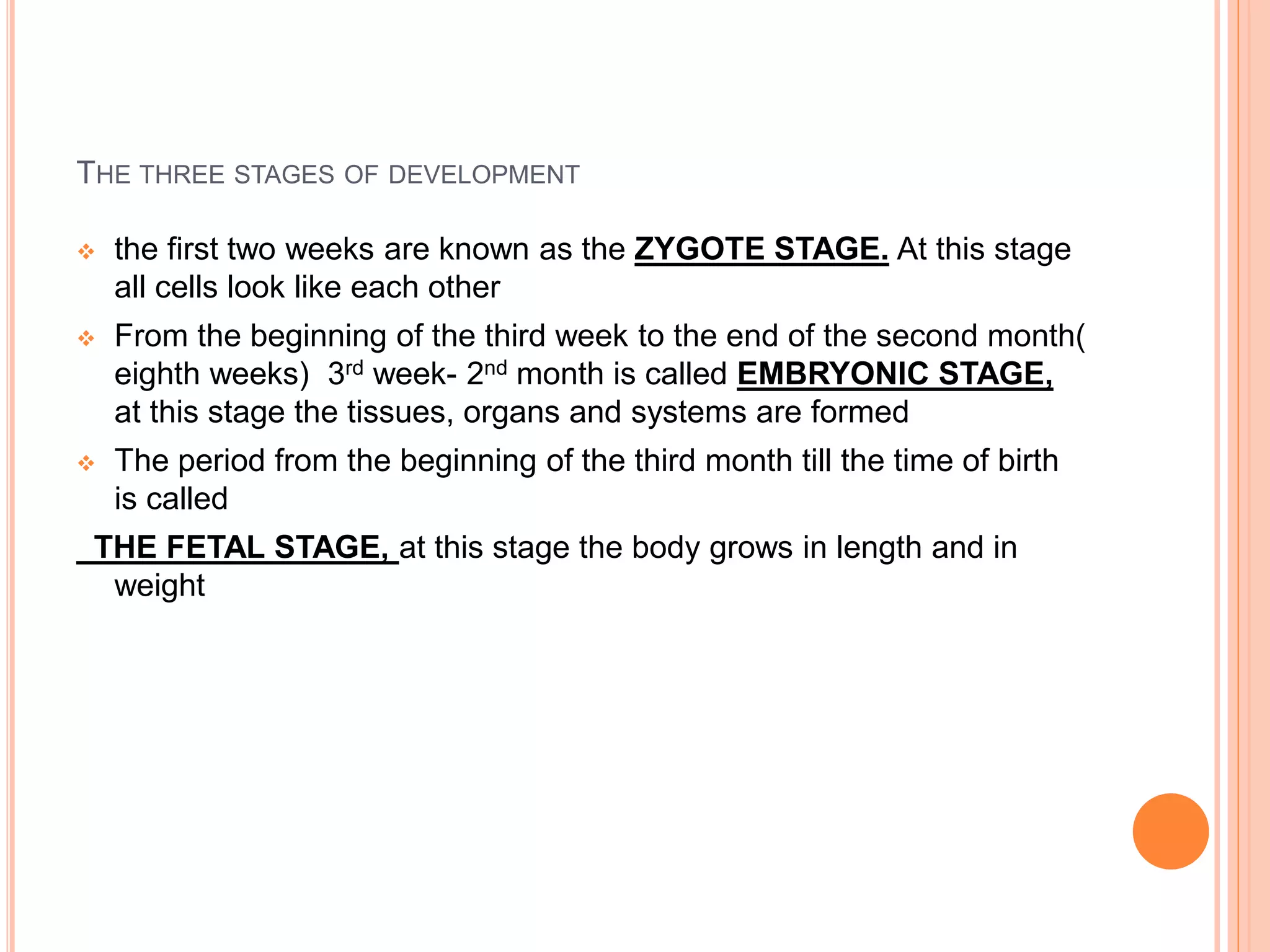 THE THREE STAGES OF DEVELOPMENT
 the first two weeks are known as the ZYGOTE STAGE. At this stage
all cells look like each other
 From the beginning of the third week to the end of the second month(
eighth weeks) 3rd week- 2nd month is called EMBRYONIC STAGE,
at this stage the tissues, organs and systems are formed
 The period from the beginning of the third month till the time of birth
is called
THE FETAL STAGE, at this stage the body grows in length and in
weight
 