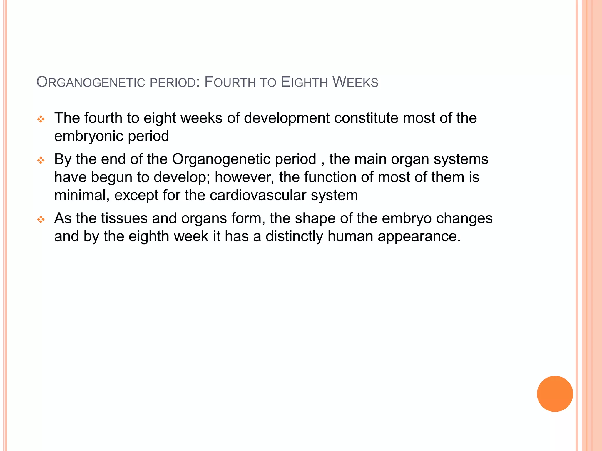 ORGANOGENETIC PERIOD: FOURTH TO EIGHTH WEEKS
 The fourth to eight weeks of development constitute most of the
embryonic period
 By the end of the Organogenetic period , the main organ systems
have begun to develop; however, the function of most of them is
minimal, except for the cardiovascular system
 As the tissues and organs form, the shape of the embryo changes
and by the eighth week it has a distinctly human appearance.
 