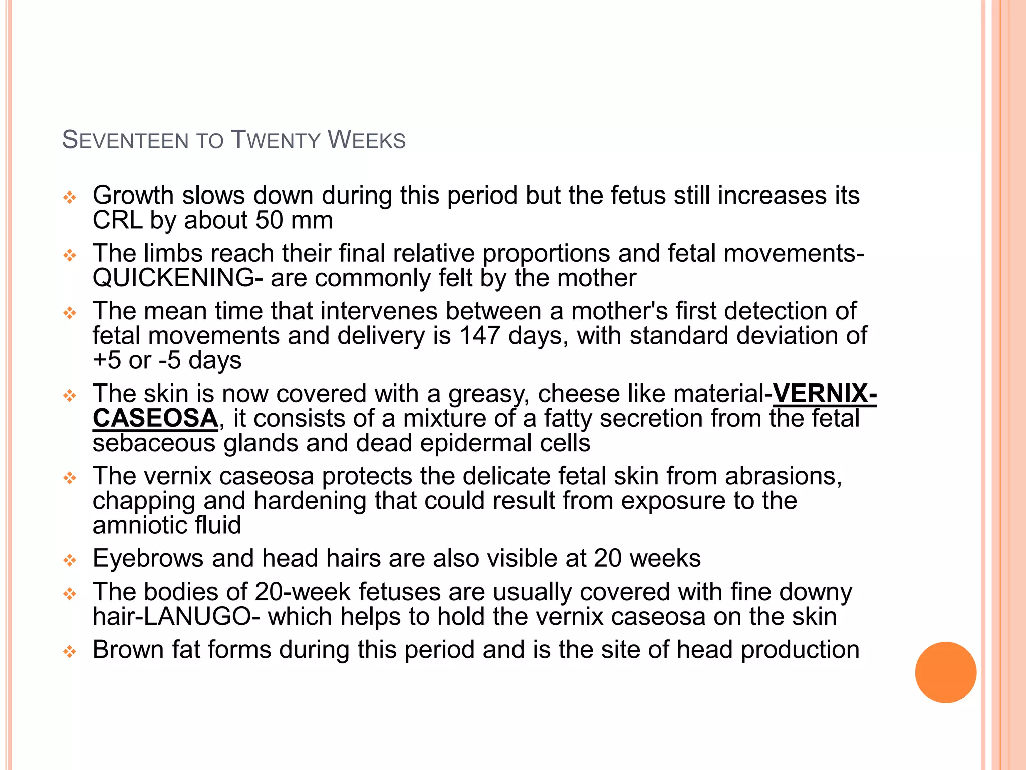 SEVENTEEN TO TWENTY WEEKS
 Growth slows down during this period but the fetus still increases its
CRL by about 50 mm
 The limbs reach their final relative proportions and fetal movements-
QUICKENING- are commonly felt by the mother
 The mean time that intervenes between a mother's first detection of
fetal movements and delivery is 147 days, with standard deviation of
+5 or -5 days
 The skin is now covered with a greasy, cheese like material-VERNIX-
CASEOSA, it consists of a mixture of a fatty secretion from the fetal
sebaceous glands and dead epidermal cells
 The vernix caseosa protects the delicate fetal skin from abrasions,
chapping and hardening that could result from exposure to the
amniotic fluid
 Eyebrows and head hairs are also visible at 20 weeks
 The bodies of 20-week fetuses are usually covered with fine downy
hair-LANUGO- which helps to hold the vernix caseosa on the skin
 Brown fat forms during this period and is the site of head production
 