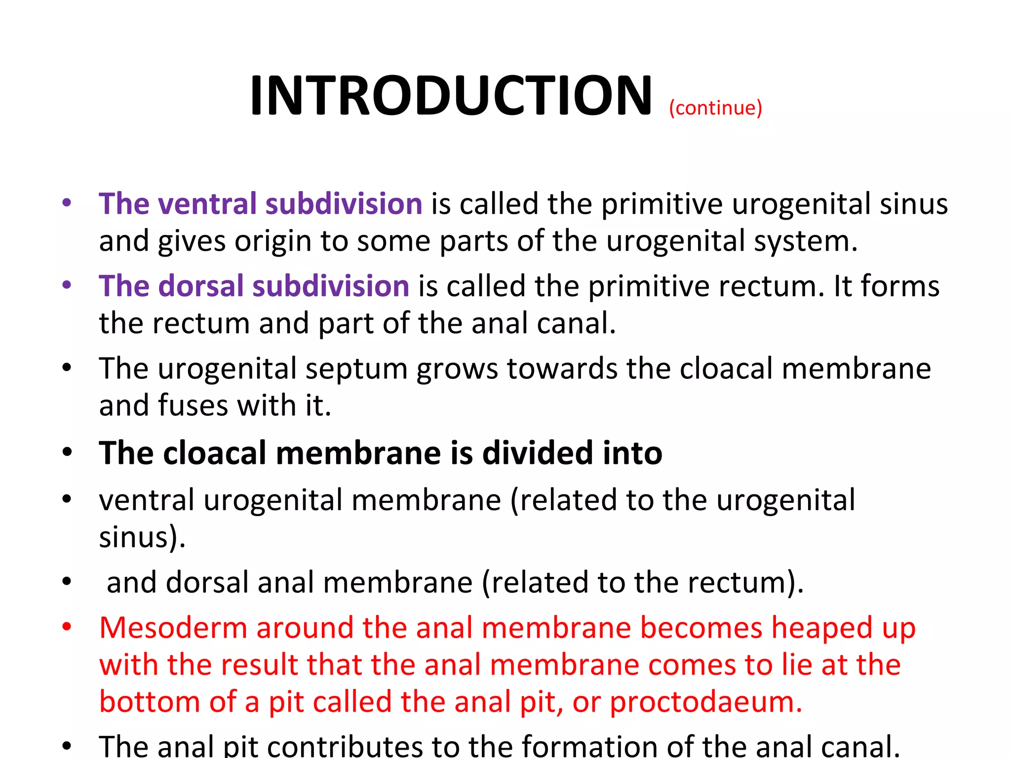 The ventral subdivision  is called the primitive urogenital sinus and gives origin to some parts of the urogenital system. The dorsal subdivision  is called the primitive rectum. It forms the rectum and part of the anal canal. The urogenital septum grows towards the cloacal membrane and fuses with it. The cloacal membrane is divided into  ventral urogenital membrane (related to the urogenital sinus). and dorsal anal membrane (related to the rectum). Mesoderm around the anal membrane becomes heaped up with the result that the anal membrane comes to lie at the bottom of a pit called the anal pit, or proctodaeum. The anal pit contributes to the formation of the anal canal. INTRODUCTION  (continue) 