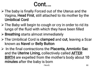 Cont.…





The baby is ﬁnally Forced out of the Uterus and the
Vagina, Head First, still attached to its mother by the
Umbilical Cord
The Baby will begin to cough or cry in order to rid its
lungs of the ﬂuid with which they have been ﬁlled
Breathing starts almost immediately
The Umbilical Cord is clamped and cut, leaving a Scar
known as Navel or Belly Button
In the ﬁnal contractions the Placenta, Amniotic Sac
and the Uterine Lining, collectively called AFTER
BIRTH are expelled from the mother's body about 10
minutes after the baby is born
Fikre B. 80
 