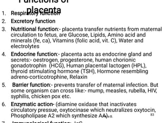 Functions of
placenta
1.
2.
3.
4.
5.
6.
Respiratory function
Excretory function
Nutritional function:- placenta transfer nutrients from maternal
circulation to fetus, are Glucose, Lipids, Amino acid and
minerals (fe, ca), Vitamins (folic acid, vit. C), Water and
electrolytes
Endocrine function:- placenta acts as endocrine gland and
secrets:- oestrogen, progesterone, human chorionic
gonadotrophin (HCG), Human placental lactogen (HPL),
thyroid stimulating hormone (TSH), Hormone resembling
adreno-corticotrophine, Relaxin
Barrier function:- prevents transfer of maternal infection. But
some organism can cross like:- mump, measles, rubella, HIV,
syphilis, chicken pox etc.
Enzymatic action- (diamine oxidase that inactivates
circulatory pressue, oxytocinase which neutralizes oxytocin,
Phospholipase A2 which synthesize AA)
Fikre B.
83
 