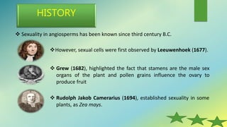 HISTORY
 Sexuality in angiosperms has been known since third century B.C.
However, sexual cells were first observed by Leeuwenhoek (1677).
 Grew (1682), highlighted the fact that stamens are the male sex
organs of the plant and pollen grains influence the ovary to
produce fruit
 Rudolph Jakob Camerarius (1694), established sexuality in some
plants, as Zea mays.
 
