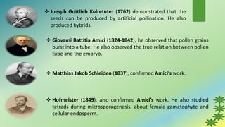  Joesph Gottlieb Kolretuter (1762) demonstrated that the
seeds can be produced by artificial pollination. He also
produced hybrids.
 Giovami Battitia Amici (1824-1842), he observed that pollen grains
burst into a tube. He also observed the true relation between pollen
tube and the embryo.
 Matthias Jakob Schleiden (1837), confirmed Amici’s work.
 Hofmeister (1849), also confirmed Amici’s work. He also studied
tetrads during microsporogenesis, about female gametophyte and
cellular endosperm.
 