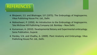 REFERENCES
 Bhojwani, S.S. and Bhatnagar, S.P. (1975). The Embryology of Angiosperms.
Vikas Publishing House Pvt. Ltd., Delhi.
 Maheshwari, P. (1950). An Introduction to the Embryology of Angiosperms.
Tata McGraw Hill Publishing Company Ltd. Bombay – New Delhi.
 Kumaresan, A. (2010). Developmental Botany and Experimental embryology.
Saras Publication, Gujarat.
 Pandey, S.N. and Chadha, A. (2009). Plant Anatomy and Embryology. Vikas
Publishing House Pvt. Ltd., Delhi.
 