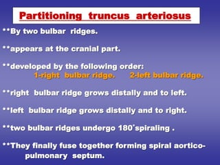 **By two bulbar ridges.
**appears at the cranial part.
**developed by the following order:
1-right bulbar ridge. 2-left bulbar ridge.
**right bulbar ridge grows distally and to left.
**left bulbar ridge grows distally and to right.
**two bulbar ridges undergo 180˚spiraling .
**They finally fuse together forming spiral aortico-
pulmonary septum.
Partitioning truncus arteriosus
 