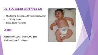 OSTEOGENESIS IMPERFECTA:
 Shortening ,bowing and hypomineralization
 Of long bones
 It can cause fractures
Causes:
Mutation in COL1A1 OR COL1A2 gene
that form type 1 collagen
 