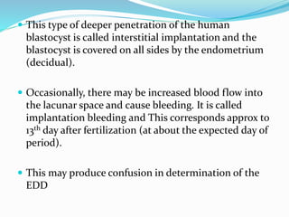  This type of deeper penetration of the human
blastocyst is called interstitial implantation and the
blastocyst is covered on all sides by the endometrium
(decidual).
 Occasionally, there may be increased blood flow into
the lacunar space and cause bleeding. It is called
implantation bleeding and This corresponds approx to
13th day after fertilization (at about the expected day of
period).
 This may produce confusion in determination of the
EDD
 