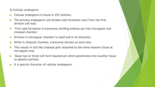 2) Cellular endosperm
 Cellular endosperm is found in 25% families.
 The primary endosperm cell divides wall formation start from the first
division cell wall.
 First wall formation is transverse dividing embryo sac into micropylar and
chalazal chamber.
 Division in micropylar chamber is rapid and in all direction.
 While in chalazal chamber, transverse division at slow rate.
 This results in tail like chalazal part attached to the more massive tissue at
micropyler end.
 Basal two or three cell form haustorium which penetrates into nucellar tissue
to absorb nutrition.
 It is special character of cellular endosperm.
 