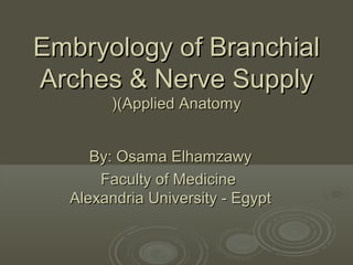 Embryology of Branchial
Arches & Nerve Supply
((Applied Anatomy

By: Osama Elhamzawy
Faculty of Medicine
Alexandria University - Egypt

 