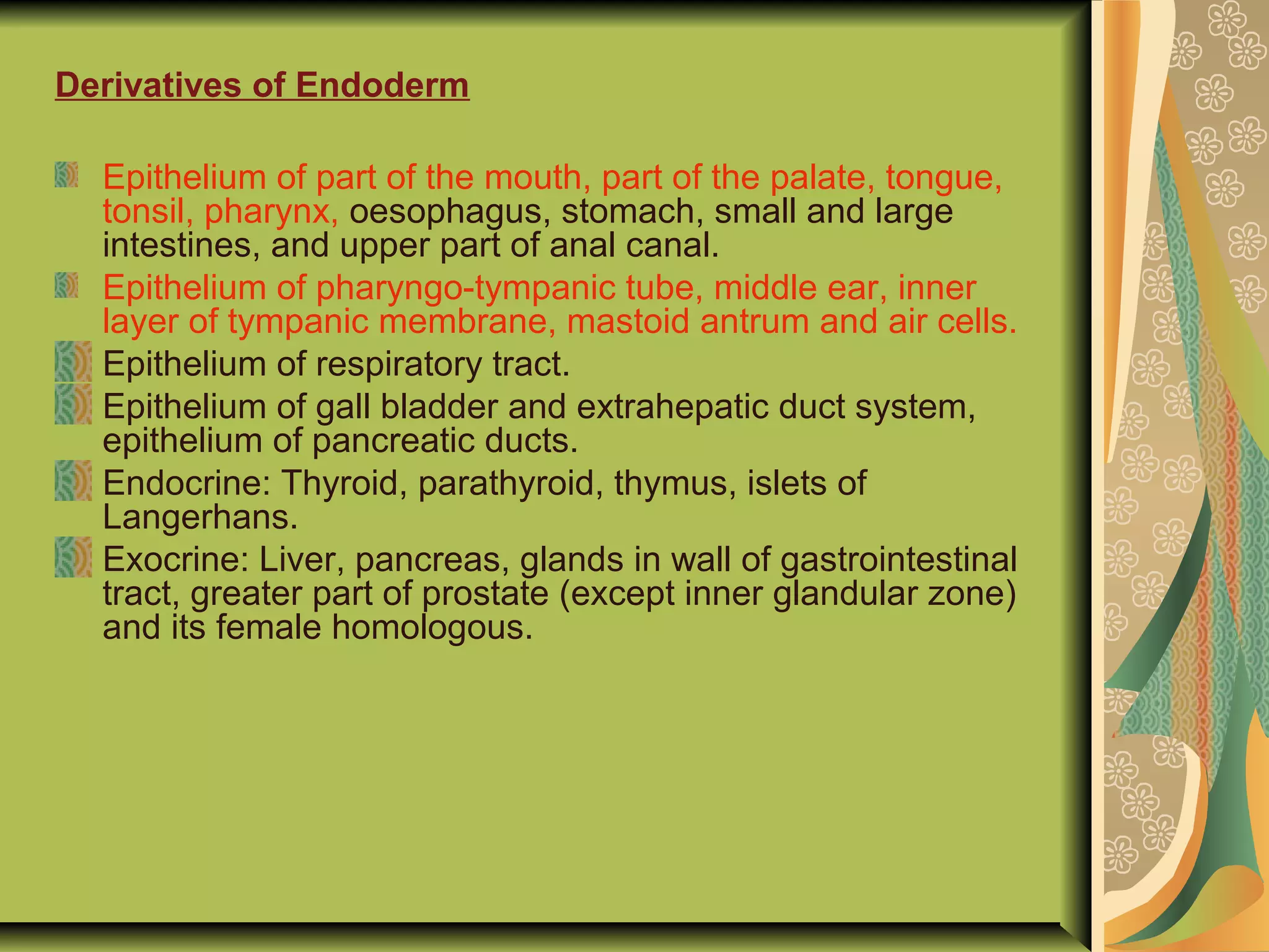 Derivatives of Endoderm
Epithelium of part of the mouth, part of the palate, tongue,
tonsil, pharynx, oesophagus, stomach, small and large
intestines, and upper part of anal canal.
Epithelium of pharyngo-tympanic tube, middle ear, inner
layer of tympanic membrane, mastoid antrum and air cells.
Epithelium of respiratory tract.
Epithelium of gall bladder and extrahepatic duct system,
epithelium of pancreatic ducts.
Endocrine: Thyroid, parathyroid, thymus, islets of
Langerhans.
Exocrine: Liver, pancreas, glands in wall of gastrointestinal
tract, greater part of prostate (except inner glandular zone)
and its female homologous.
 