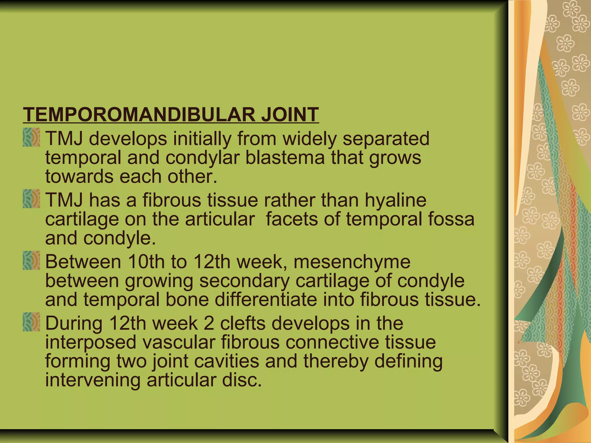TEMPOROMANDIBULAR JOINT
TMJ develops initially from widely separated
temporal and condylar blastema that grows
towards each other.
TMJ has a fibrous tissue rather than hyaline
cartilage on the articular facets of temporal fossa
and condyle.
Between 10th to 12th week, mesenchyme
between growing secondary cartilage of condyle
and temporal bone differentiate into fibrous tissue.
During 12th week 2 clefts develops in the
interposed vascular fibrous connective tissue
forming two joint cavities and thereby defining
intervening articular disc.
 
