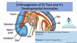 Embryogenesis of GI Tract and it’s
Developmental Anomalies
Moderator: Dr. Maru (Consultant Pediatric
Surgeon)
Presenter: Yeneneh Yirga(GSR-I)
 