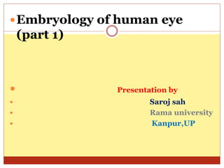 Embryology of human eye
(part 1)
 Presentation by
 Saroj sah
 Rama university
 Kanpur,UP
 