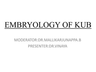 EMBRYOLOGY OF KUB
MODERATOR:DR.MALLIKARJUNAPPA.B
PRESENTER:DR.VINAYA
 