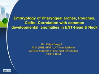 Embryology of Pharyngeal arches, Pouches,
Clefts: Correlation with common
developmental anomalies in ENT-Head & Neck
Dr. Kripa Dongol
M.S. (ORL-HNS) , 3rd Year Resident
GMSM Academy of ENT and HN Studies
TUTH, IOM
 