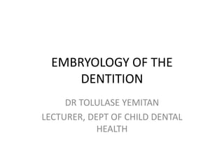 EMBRYOLOGY OF THE
DENTITION
DR TOLULASE YEMITAN
LECTURER, DEPT OF CHILD DENTAL
HEALTH
 