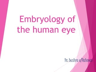 Embryology of 
the human eye 
Dr: bushra a/Rahman 
 