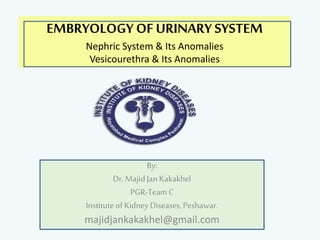 EMBRYOLOGY OF URINARY SYSTEM
Nephric System & Its Anomalies
Vesicourethra & Its Anomalies
By:
Dr.MajidJan Kakakhel
PGR-Team C
InstituteofKidneyDiseases, Peshawar.
majidjankakakhel@gmail.com
 
