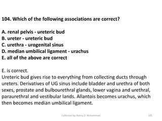 Collected by: Nahry O. Muhammad 105
104. Which of the following associations are correct?
A. renal pelvis - ureteric bud
B. ureter - ureteric bud
C. urethra - urogenital sinus
D. median umbilical ligament - urachus
E. all of the above are correct
E. is correct.
Ureteric bud gives rise to everything from collecting ducts through
ureters. Derivatives of UG sinus include bladder and urethra of both
sexes, prostate and bulbourethral glands, lower vagina and urethral,
paraurethral and vestibular lands. Allantois becomes urachus, which
then becomes median umbilical ligament.
 