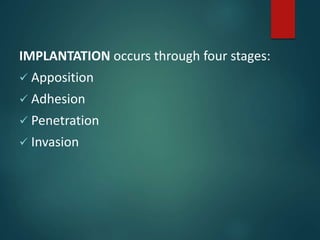 IMPLANTATION occurs through four stages:
 Apposition
 Adhesion
 Penetration
 Invasion
 