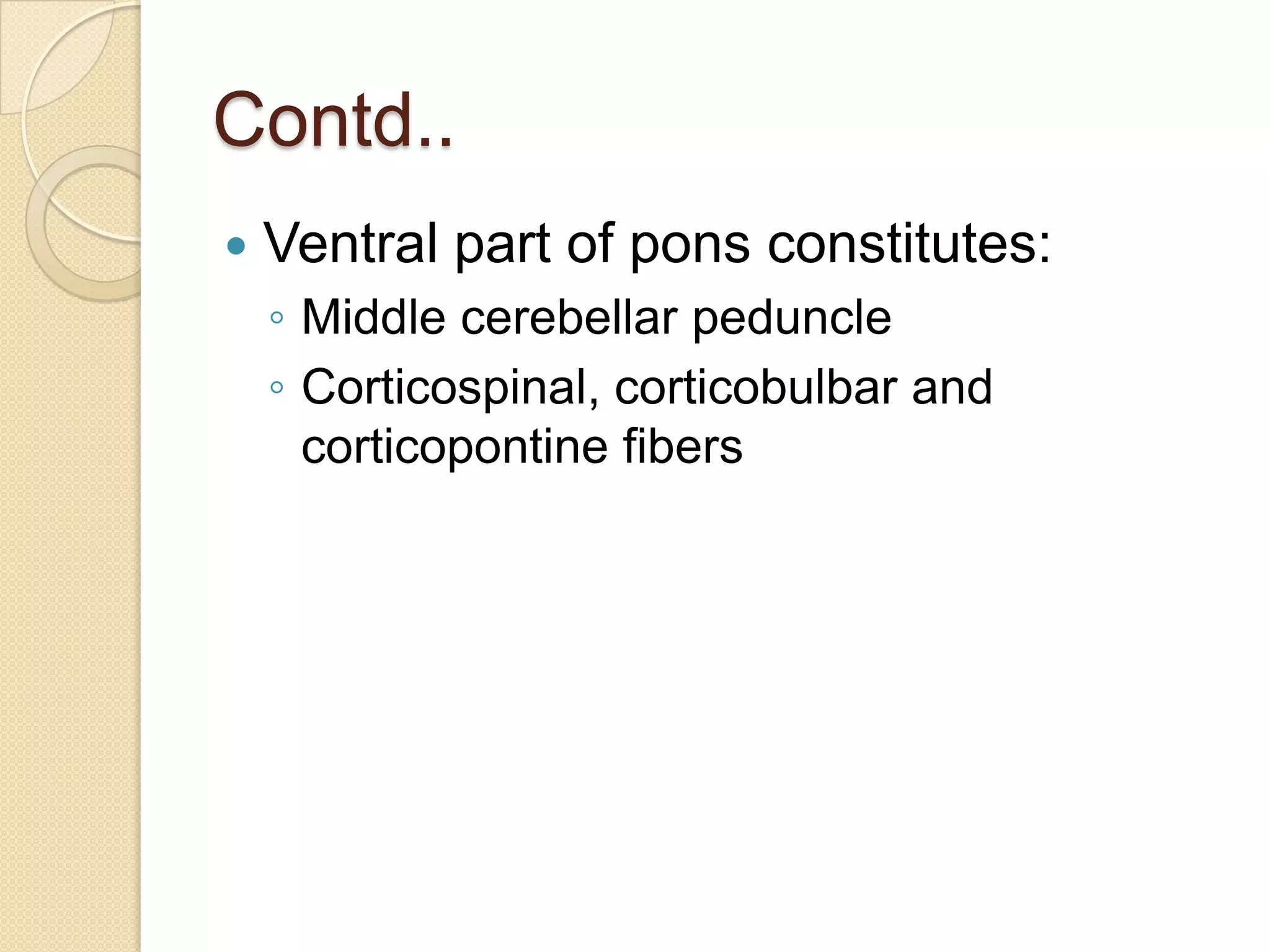 Contd..
   Ventral part of pons constitutes:
    ◦ Middle cerebellar peduncle
    ◦ Corticospinal, corticobulbar and
      corticopontine fibers
 