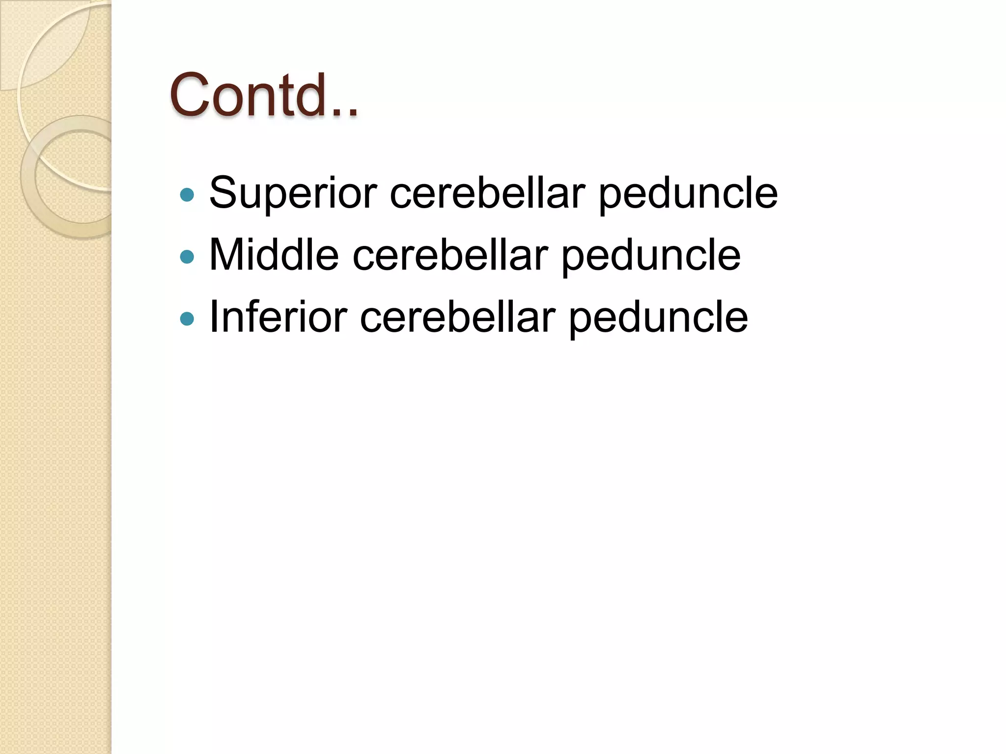 Contd..
 Superior cerebellar peduncle
 Middle cerebellar peduncle
 Inferior cerebellar peduncle
 