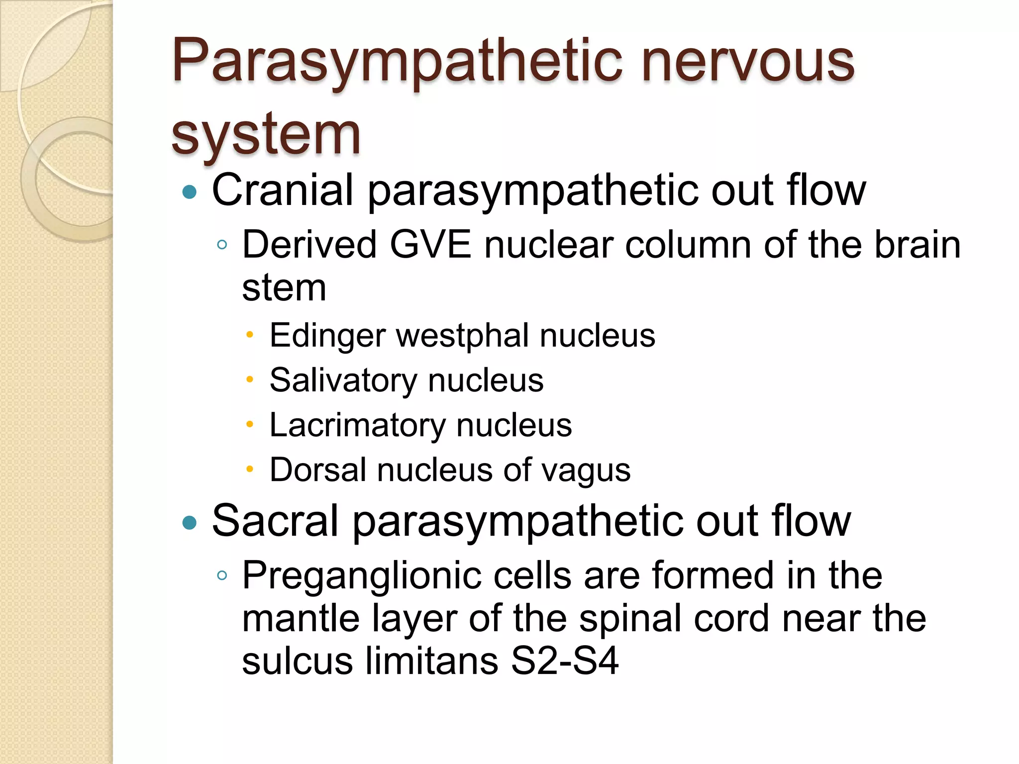 Parasympathetic nervous
system
   Cranial parasympathetic out flow
    ◦ Derived GVE nuclear column of the brain
      stem
        Edinger westphal nucleus
        Salivatory nucleus
        Lacrimatory nucleus
        Dorsal nucleus of vagus
   Sacral parasympathetic out flow
    ◦ Preganglionic cells are formed in the
      mantle layer of the spinal cord near the
      sulcus limitans S2-S4
 
