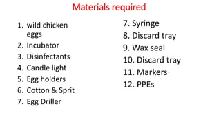 Materials required
1. wild chicken
eggs
2. Incubator
3. Disinfectants
4. Candle light
5. Egg holders
6. Cotton & Sprit
7. Egg Driller
7. Syringe
8. Discard tray
9. Wax seal
10. Discard tray
11. Markers
12. PPEs
 