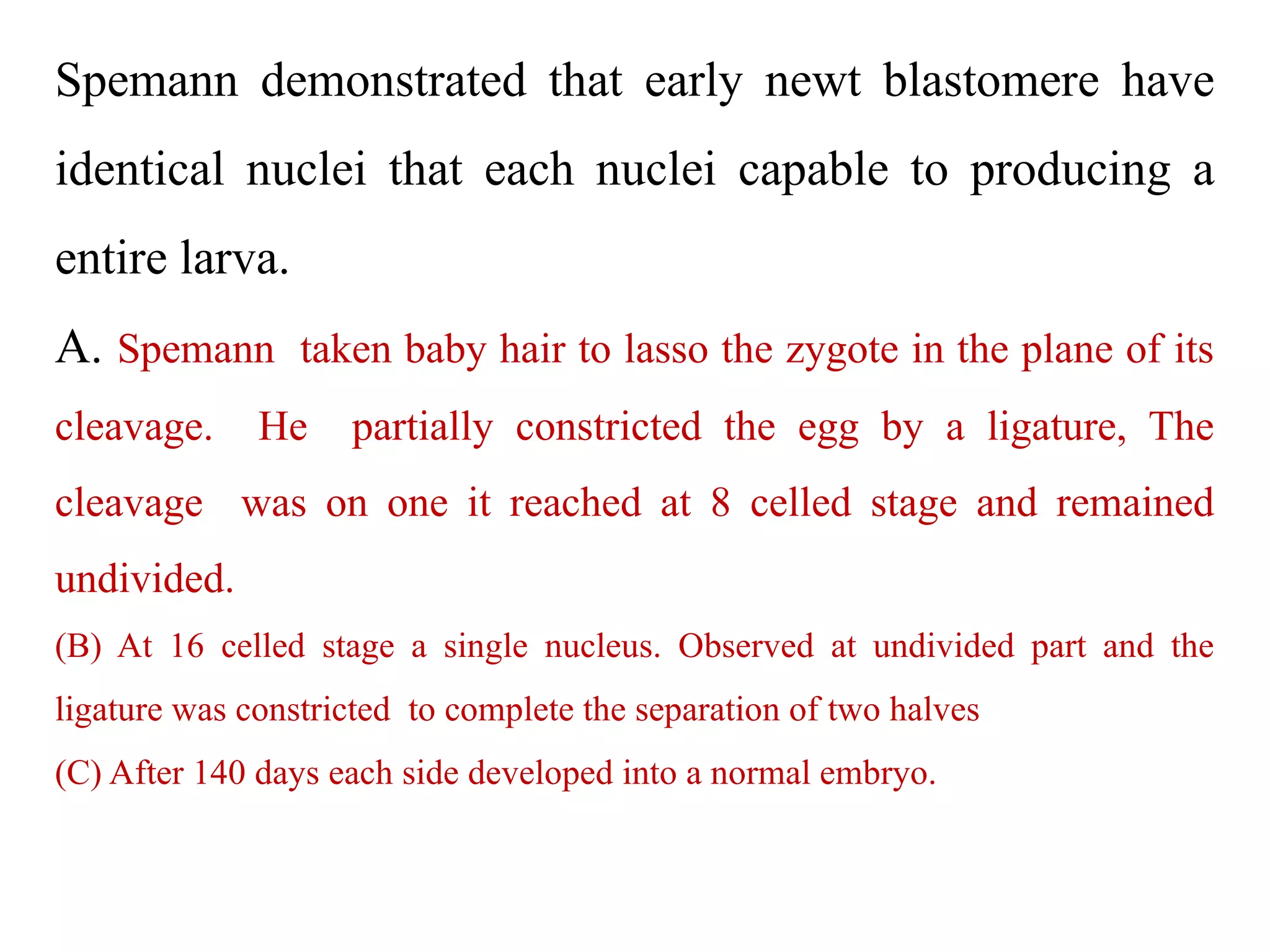 Spemann demonstrated that early newt blastomere have
identical nuclei that each nuclei capable to producing a
entire larva.
A. Spemann taken baby hair to lasso the zygote in the plane of its
cleavage. He partially constricted the egg by a ligature, The
cleavage was on one it reached at 8 celled stage and remained
undivided.
(B) At 16 celled stage a single nucleus. Observed at undivided part and the
ligature was constricted to complete the separation of two halves
(C) After 140 days each side developed into a normal embryo.
 