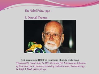 The Nobel Prize, 1990
E. Donnall Thomas
first succsessful HSCT in treatment of acute leukemias
Thomas ED, Lochte HL, Lu WC, Ferrebee JW. Intravenous infusion
of bone marrow in patients receiving radiation and chemotherapy.
N. Engl. J. Med. 1957; 257: 491
 