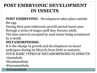 POST EMBRYONIC DEVELOPMENT
IN INSECTS.
POST EMBRYONIC: Development takes place outside
the egg.
During their post embryonic growth period insect pass
through a series of stages until they become adult.
The time interval occupied by each instar being terminated
by a moult.
METAMORPHOSIS:
It is the change in growth and development an insect
undergoes during its lifecycle from birth to maturity.
FOUR BASIC TYPES OF METAMORPHOSIS IN INSECTS:
•Ametabola
•Hemimetabola
•Paurometabola
•holometabola
 