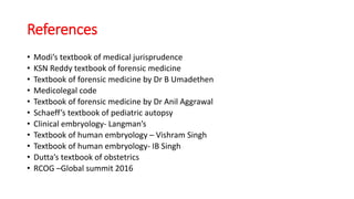 References
• Modi’s textbook of medical jurisprudence
• KSN Reddy textbook of forensic medicine
• Textbook of forensic medicine by Dr B Umadethen
• Medicolegal code
• Textbook of forensic medicine by Dr Anil Aggrawal
• Schaeff’s textbook of pediatric autopsy
• Clinical embryology- Langman’s
• Textbook of human embryology – Vishram Singh
• Textbook of human embryology- IB Singh
• Dutta’s textbook of obstetrics
• RCOG –Global summit 2016
 