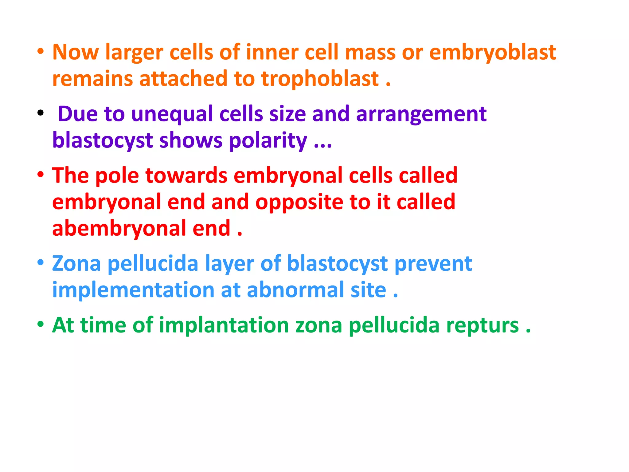 • Now larger cells of inner cell mass or embryoblast
remains attached to trophoblast .
• Due to unequal cells size and arrangement
blastocyst shows polarity ...
• The pole towards embryonal cells called
embryonal end and opposite to it called
abembryonal end .
• Zona pellucida layer of blastocyst prevent
implementation at abnormal site .
• At time of implantation zona pellucida repturs .
 