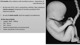 8-9 months, fetus obtains well-rounded contours - deposition of
subcutaneous fat
• By the end of IUL, skin is covered by a whitish, fatty substance
(vernix caseosa) composed of secretory products from
sebaceous glands.
• At end of ninth month: skull has largest circumference.
At the time of birth:
• weight: 3000 - 3400 g
• CRL : 36 cm
• CHL : 50 cm
• Sexual characteristics are pronounced,
• Testes should be in the scrotum.
 