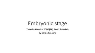 Embryonic stage
Themba Hospital FCOG(SA) Part 1 Tutorials
By Dr N.E Manana
 