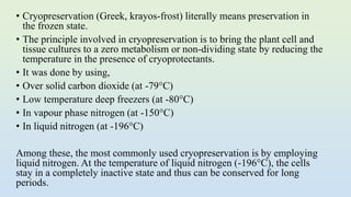 • Cryopreservation (Greek, krayos-frost) literally means preservation in
the frozen state.
• The principle involved in cryopreservation is to bring the plant cell and
tissue cultures to a zero metabolism or non-dividing state by reducing the
temperature in the presence of cryoprotectants.
• It was done by using,
• Over solid carbon dioxide (at -79°C)
• Low temperature deep freezers (at -80°C)
• In vapour phase nitrogen (at -150°C)
• In liquid nitrogen (at -196°C)
Among these, the most commonly used cryopreservation is by employing
liquid nitrogen. At the temperature of liquid nitrogen (-196°C), the cells
stay in a completely inactive state and thus can be conserved for long
periods.
 