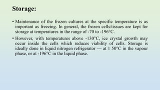 Storage:
• Maintenance of the frozen cultures at the specific temperature is as
important as freezing. In general, the frozen cells/tissues are kept for
storage at temperatures in the range of -70 to -196°C.
• However, with temperatures above -130°C, ice crystal growth may
occur inside the cells which reduces viability of cells. Storage is
ideally done in liquid nitrogen refrigerator — at 1 50°C in the vapour
phase, or at -196°C in the liquid phase.
 