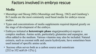 Factors involved in embryo rescue
• Murashige and Skoog (MS) (Murashige and Skoog, 1962) and Gamborg’s
B-5 media are the most commonly used basal media for embryo rescue
studies.
• Types and concentrations of media supplements required depend greatly on
the stage of development of the embryo.
• Embryos initiated at heterotropic phase stage(proembryo) require a
complex medium. Amino acids, particularly glutamine and aspargine, are
often added to the medium. Various vitamins may also be included. Natural
extracts, such as coconut milk and casein hydrolysate, have sometimes been
used instead of specific amino acids.
• Sucrose often serves both as a carbon source and osmoticum
[232 to 352 mM (8–12%) ].
Media
 