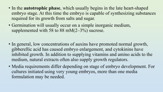 • In the autotrophic phase, which usually begins in the late heart-shaped
embryo stage. At this time the embryo is capable of synthesizing substances
required for its growth from salts and sugar.
• Germination will usually occur on a simple inorganic medium,
supplemented with 58 to 88 mM(2–3%) sucrose.
• In general, low concentrations of auxins have promoted normal growth,
gibberellic acid has caused embryo enlargement, and cytokinins have
inhibited growth. In addition to supplying vitamins and amino acids to the
medium, natural extracts often also supply growth regulators.
• Media requirements differ depending on stage of embryo development. For
cultures initiated using very young embryos, more than one media
formulation may be needed.
 