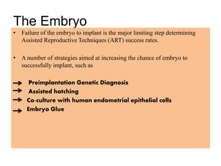 The Embryo
• Failure of the embryo to implant is the major limiting step determining
Assisted Reproductive Techniques (ART) success rates.
• A number of strategies aimed at increasing the chance of embryo to
successfully implant, such as
Preimplantation Genetic Diagnosis
Assisted hatching
Co-culture with human endometrial epithelial cells
Embryo Glue
 
