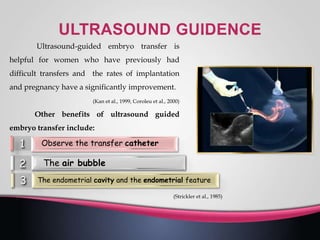 Ultrasound-guided embryo transfer is
helpful for women who have previously had
difficult transfers and the rates of implantation
and pregnancy have a significantly improvement.
(Kan et al., 1999, Coroleu et al., 2000)
Other benefits of ultrasound guided
embryo transfer include:
(Strickler et al., 1985)
1 Observe the transfer catheter
2 The air bubble
3 The endometrial cavity and the endometrial feature
 