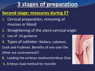 Second stage: measures during ET
1. Cervical preparation, removing of
mucous or blood
2. Straightening of the utero-cervical angle
3. Use of US guidance
4. Types of catheter: Wallace, Labotect,
Cook and Frydman. Benefits of one over the
Other are controversial!!
5. Loading the embryo medium/embryo Glue
6. Embryo load method for transfer
3 stages of preparation
 